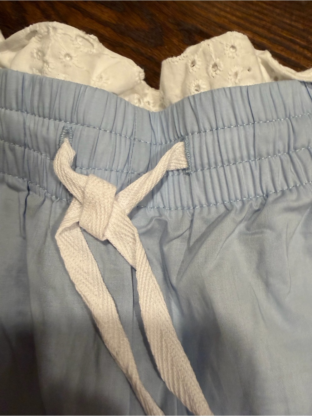 Light Blue Women's Drawstring Sleep Shorts with Cream Lace Trim 0130 - Picture 3 of 6